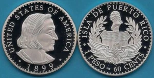 BARBER PATTERN Homage 1899 US 60c CRISTOBAL COLON PUERTO RICO Silver Peso PATRON - Picture 1 of 9