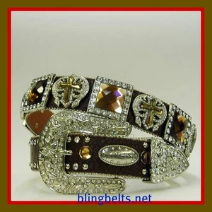 XS S M L or XL Brown SQUARE WING CROSS CONCHOS BUCKLE WESTERN COWBOY GIRL BELT - Picture 1 of 2