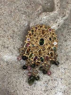 Lámpara de araña dorada vintage genuina de turmalina de colores mezclados de plata de ley 925 Dan Foto 1 de 4