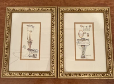 Peggy Abrams Gold Framed Art - 2 -sink and toilet 15 x 11 approx - Image 1 of 4