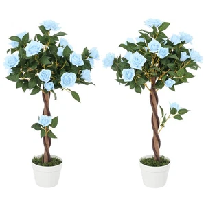 Outsunny Set of 2 90cm Artificial Rose Tree, Fake Decorative Plant, Blue - Picture 1 of 11
