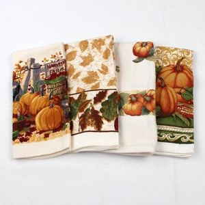 Kitchen Towels Vintage 90's Fall Thanksgiving Pumpkin 100% Cotton Lot of 4 NWOT - Picture 1 of 10