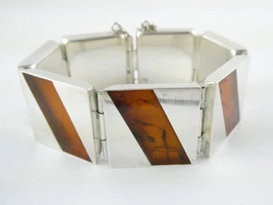 Bracciale Vintage Argento Sterling Polacco Ambra Pannello Intarsiato con Catena di Sicurezza 7,25 In - Foto 1 di 24