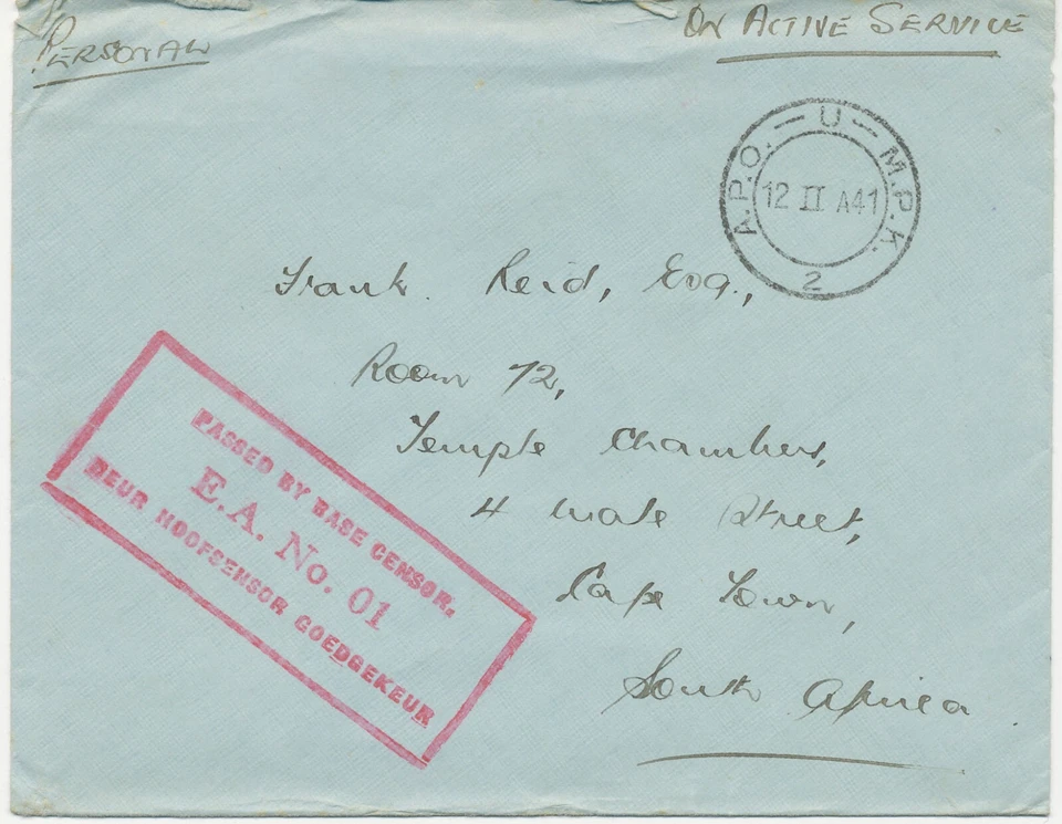 ÁFRICA ORIENTAL / SUDAFRICA 1941 "A.P.O. - U - M.P.K. / 2" muy raro Fieldpost-K2 Foto 1 de 1