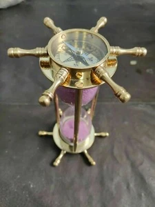 Hourglass Nautical Antique Brass Ship Maritime 7" Sand Timer Wheel Compass Decor - Picture 1 of 8