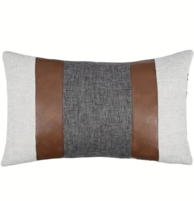 Modern Simple Grey Stripe with Faux Leather Lumbar Pillow Cover,1pc,12x20 - Image 1 of 4