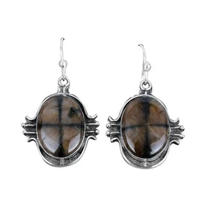 Valentines Sale Sterling Silver Chiastolite Gemstone Ethnic Dangle Drop Earrings - Picture 1 of 7