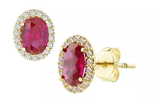 9ct Yellow Gold simulated RUBY & CZ Oval Cluster Stud Earrings - 10mm x 8mm - Picture 1 of 6