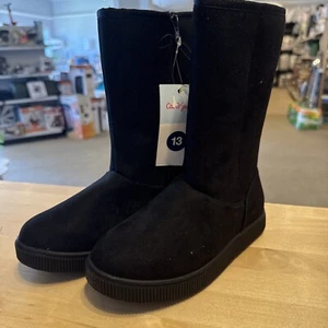 Cat & Jack Girls Size 13 Natalia Faux Suede Shearling Faux Fur Lined Black Boots - Picture 1 of 5