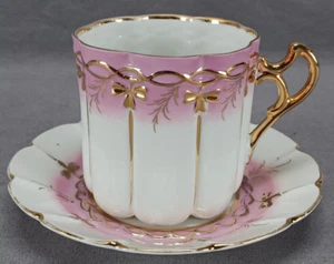 Antique German Pink Luster & Gold Porcelain Breakfast Cup & Saucer C. 1880-1910 - Picture 1 of 11