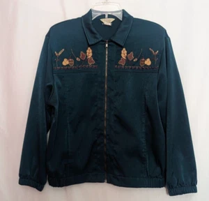 Vintage TEDDI Teal Green Zipper Jacket Embroidered Fall Vibes Leaves Petite XL - Picture 1 of 4