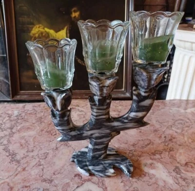 Vintage  Candleabra Stone Black White Onyx 3 Arm Candle Holder Glass Votive MCM - Image 1 of 4