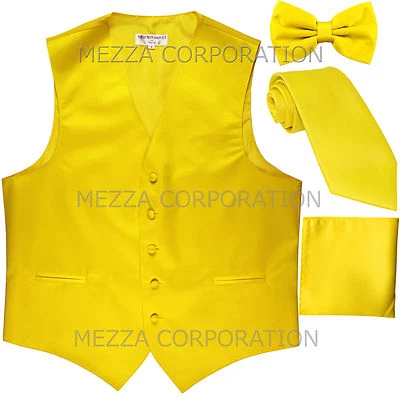 New Men's Vesuvio Napoli Tuxedo Vest Necktie, Bowtie & Hankie set party Yellow - Image 1 of 4