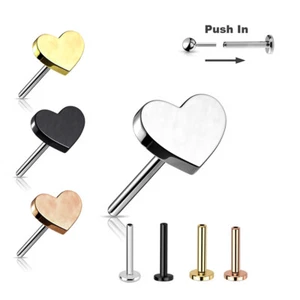 0,8mm Titan Stecksystem Labret Mini Herz Nasen Ohr Piercing Push in Pin Gold Sil - Bild 1 von 10
