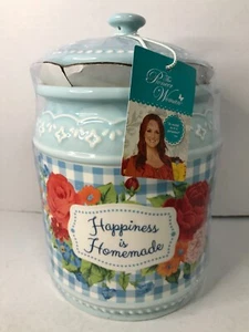 Pioneer Woman Happiness Is Homemade Stoneware Cookie Jar Roses Gingham - Picture 1 of 6