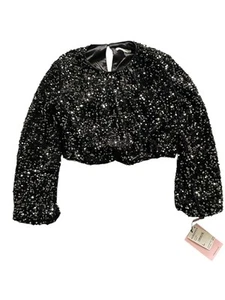 NWT Avec Les Filles long sleeved sequined crop top gunmetal blouson sparkly, S - Picture 1 of 4