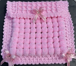 beautiful handmade pom pom blanket car seat size Pink - Picture 1 of 2