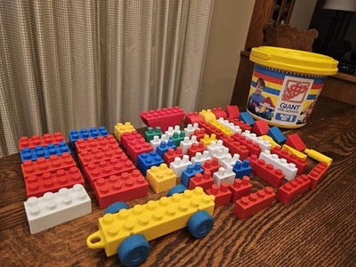 Vintage LOC BLOCS  Building Blocks With Bucket Giant Pre School 64 Pieces Entex - Image 1 of 4