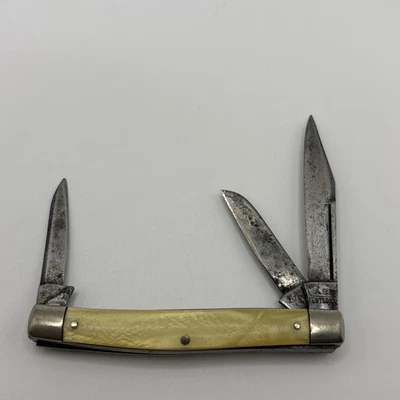 Винтажный чехол проверен XX 1920-1940 желтый жемчуг три лезвия карманный нож - Изображение 1 из 4