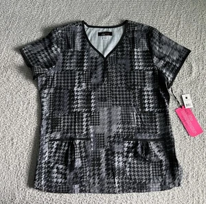 Koi Lite Scrub Top Women’s Sz Large Black Houndstooth Eve Nursing Medical - Picture 1 of 11