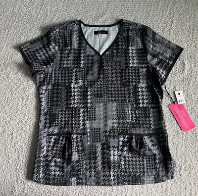 Koi Lite Scrub Top Women’s Sz Large Black Houndstooth Eve Nursing Medical - Image 1 of 4