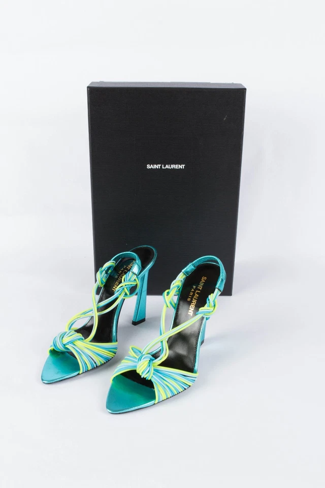 Nuevo Saint Laurent Tacones Cerúleos Stiletto Correa en el Tobillo Punta Caja Bolsa para el Polvo Foto 1 de 4