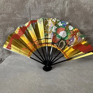 Japanese Folding Fan KYOTO Traditional Sensu Hanaguruma Reversible 11in Gold - Picture 1 of 13