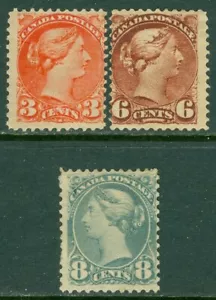 EDW1949VERKAUF: KANADA 1888-93 Scott #41, 43-44 sehr guter Zustand, neuwertig OG. Rückenfehler. Katze $ 550 - Bild 1 von 2