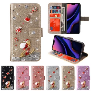 For iPhone 16e/16/15/14/13/12/11 Glitter Wallet Case Santa Diamond Flip Cover - Picture 1 of 28