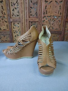 Women's Brown Congac Cherie Just Fab High Wedge Shoes Size 7.5 Caged Uppers cute - Picture 1 of 7