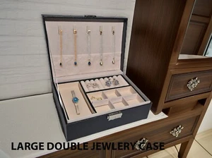 Large Leather Jewlery Box Storage Black Double BoHo Accessories Organiser + Key - Foto 1 di 6