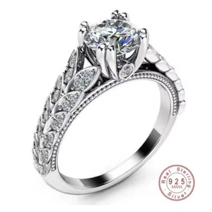 NEW Platinum 925 Silver Leaf Design Engagement Ring Simulated Diamond, Sz 6.5 - Picture 1 of 14