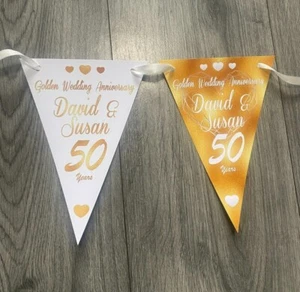 Personalised Decoration Wedding Anniversary Party Banner Bunting Golden 50th - Picture 1 of 16