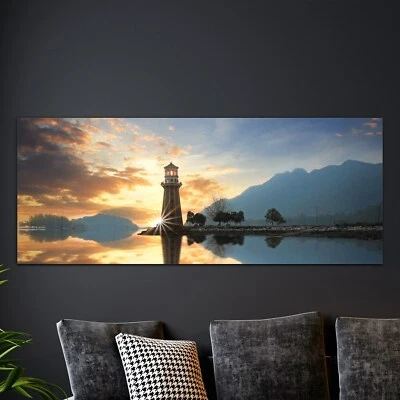Wandbilder Glasbild für Wohnzimmer 125x50 Sonnenuntergang am Leuchtturm Strand - Bild 1 von 4