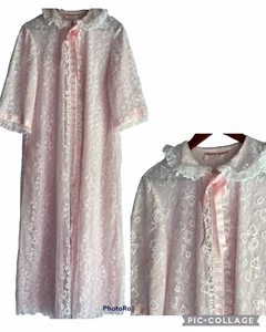 Vintage Odette Barsa Peignoir Medium Large Pink Lace Overlay Lingerie Robe MINT - Picture 1 of 12