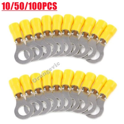 M4 M5 M6 M8 Yellow Ring Terminal Vinyl 12-10 AWG Car Audio Crimp Wire Connectors - Image 1 of 4