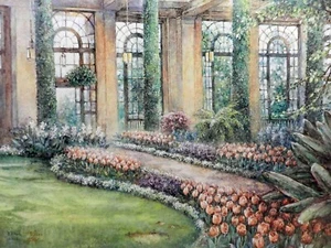 Spring Conservatory by Lena Liu Iris Tulip Palm Lantern Landscape Art Artwork - Picture 1 of 12