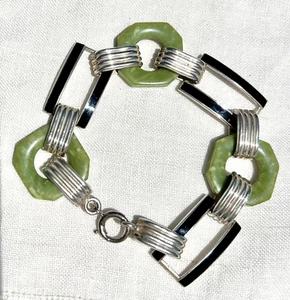 Art Deco Geometric GREEN & BLACK Enamel PEKING Glass Sterling Silver Bracelet - Picture 1 of 10