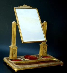 ANTIQUE DRESSING TOILET LADY MIRROR MERCURY GILDING VANITY 19 C. COPPER MAHOGANY