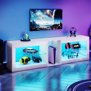 TV Schrank Hochglanz Lowboard mit LED Licht Glasablage 140cm Fernsehschrank Weiß - Bild 1 von 14