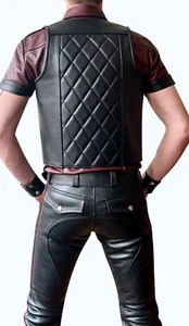 Men's Real Cowhide Leather Bartender Vest Open Front Quilted Back Bartender Vest - Picture 1 of 2