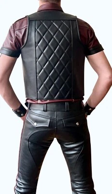Men's Real Cowhide Leather Bartender Vest Open Front Quilted Back Bartender Vest - Image 1 of 2