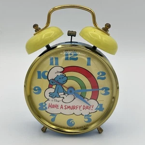 Vintage 80’s Have a Smurfy Day Smurf Rainbow Twin Bell Alarm Clock Bradley WORKS - Picture 1 of 5