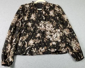 TAMARA H. Top Women Medium Floral Long Sleeve Metallic Ruffle Elastic Hem Blouse - Picture 1 of 20
