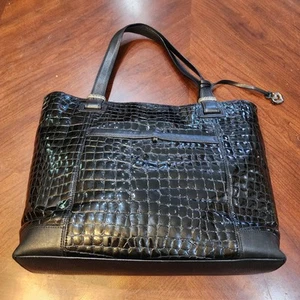 Brighton Black Patent Leather Croc Embossed Hobo Lightweight Tote Shoulder Bag - Picture 1 of 24