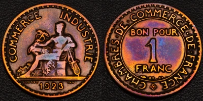 Francia 1923 1 Franco ORO, AZUL Y MORADO Tonificación (L47-24) Foto 1 de 3