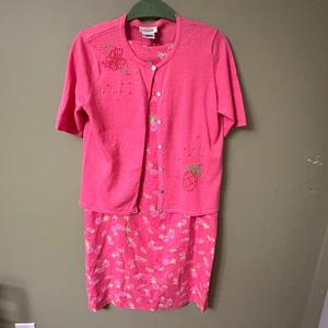 Set abito lino maglione cardigan perline frutta ananas rosa Talbots taglia 8 - Foto 1 di 14