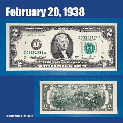 February 20, 1938 Birthday Anniversary $2 Two Dollar Bill Serial Number 02201938 - Image 1 of 2