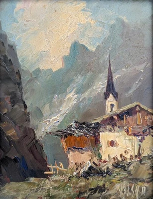 IMPRESSIONIST Ölgemälde SIGNIERT um 1930 BERGE Gehöft KIRCHE Landschaft Alpen - Bild 1 von 4