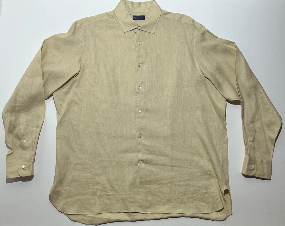 Ralph Lauren фиолетовый ярлык платье рубашка мужская XXL 18 льняной желтовато-коричневый на пуговицах пятна! - Изображение 1 из 4